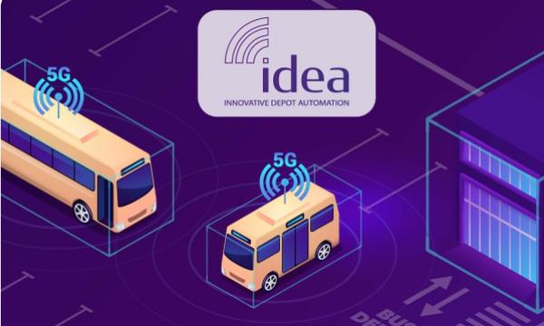 Schematische Darstellung des IDEA-Projekts zur innovativen Depot-Automatisierung. Zwei orange Busse sind in isometrischer Ansicht auf violettem Hintergrund dargestellt, über ihnen schweben 5G-Symbole, die die drahtlose Vernetzung symbolisieren.