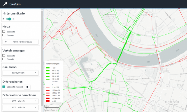 Graphical map with bike paths in the Neustadt district of Dresden