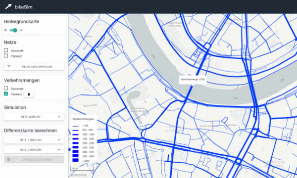 Graphical map with bike paths in the Neustadt district of Dresden