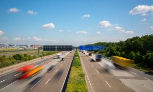 Autobahn highway with blurred trucks Frankfurt Germany