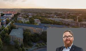 Collage: Blick von oben über den TUD-Campus und ein Porträt eines Mannes mit Bart und Brille