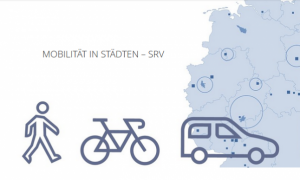 blaues Piktogramm: Mensch, Fahrrad, Auto und Bus vor einer Deutschlandkarte