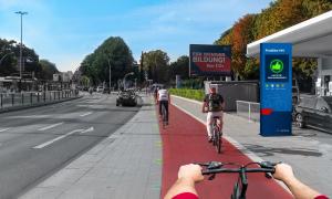 Virtuelle Welt aus Sicht eines Fahrradfahrers. Rechts ist eine PrioBike-Säule zu sehen.