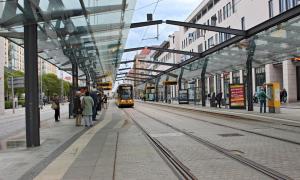 Eine Tram fährt an einer Haltestelle im Dresdner Zentrum ein