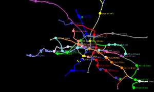 A colourful track network on a black background
