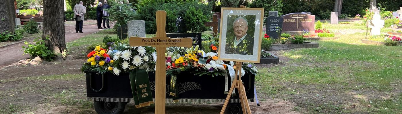 the picture shows a fresh grave with flowers