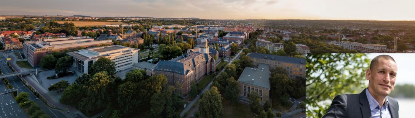 Aerial view of the university grounds of the TU Dresden, bottom right a portrait of a man with short hair