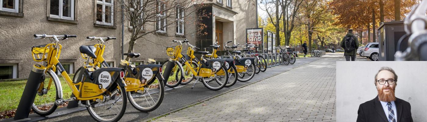 Yellow bicycles in front of a TU Dresden building. Bottom right, a portrait of a man with a beard.
