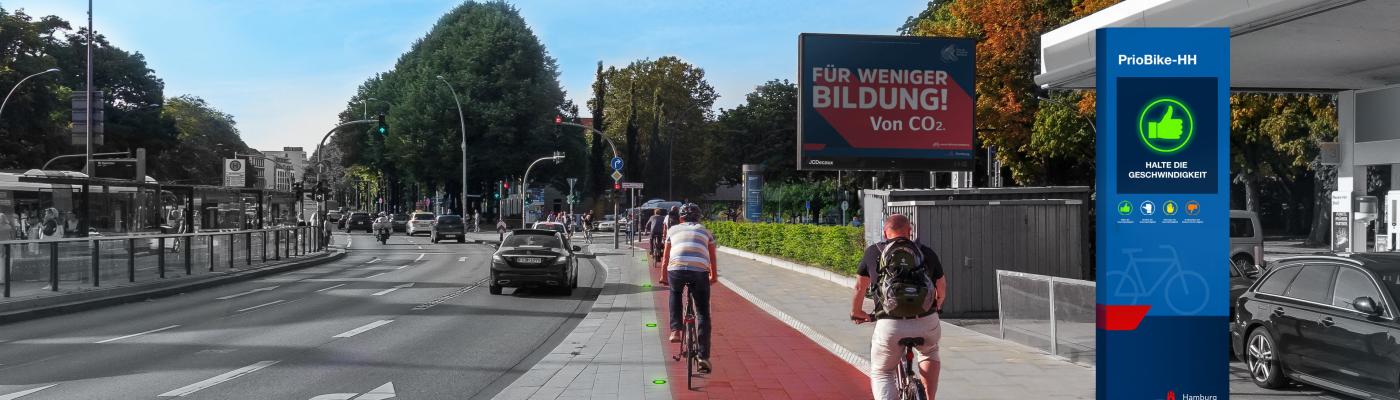 Virtuelle Welt aus Sicht eines Fahrradfahrers. Rechts ist eine PrioBike-Säule zu sehen.