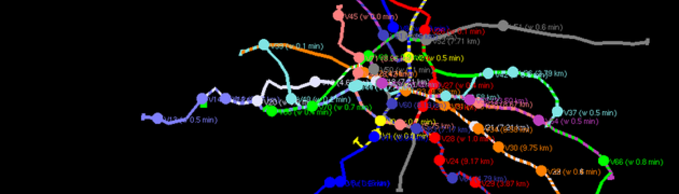 A colourful track network on a black background