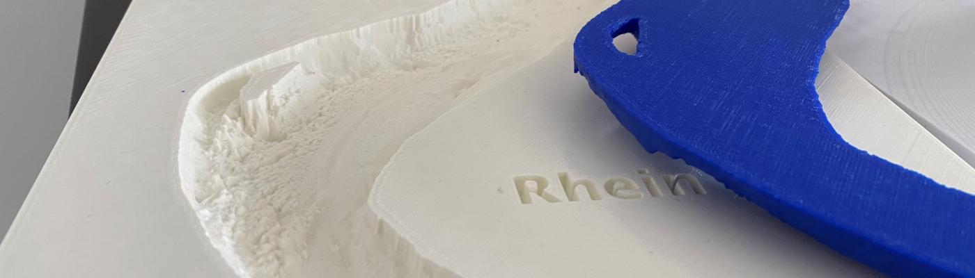 A 3D printed model of a stretch of the River Rhine. It is used in the development of an automated system for the navigation of cargo ships on the lower Rhine in Germany. 3D-printed model of the River Rhine